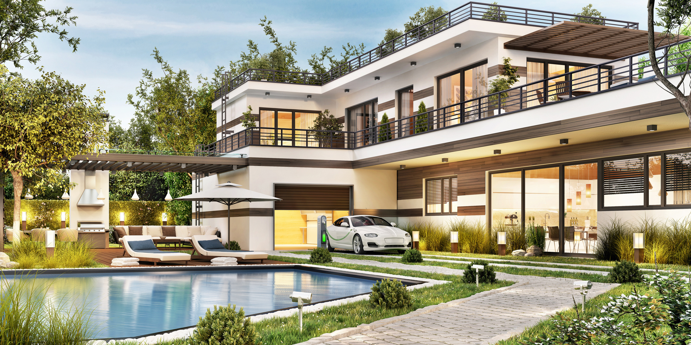 Modern house and electric car